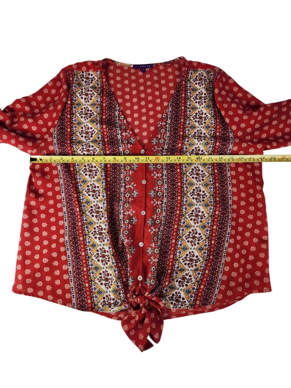 West Kei Women’s L Red Boho Mixed Print Tie Front Blouse 3/4 Sleeve Flowy Fall - Picture 11 of 12